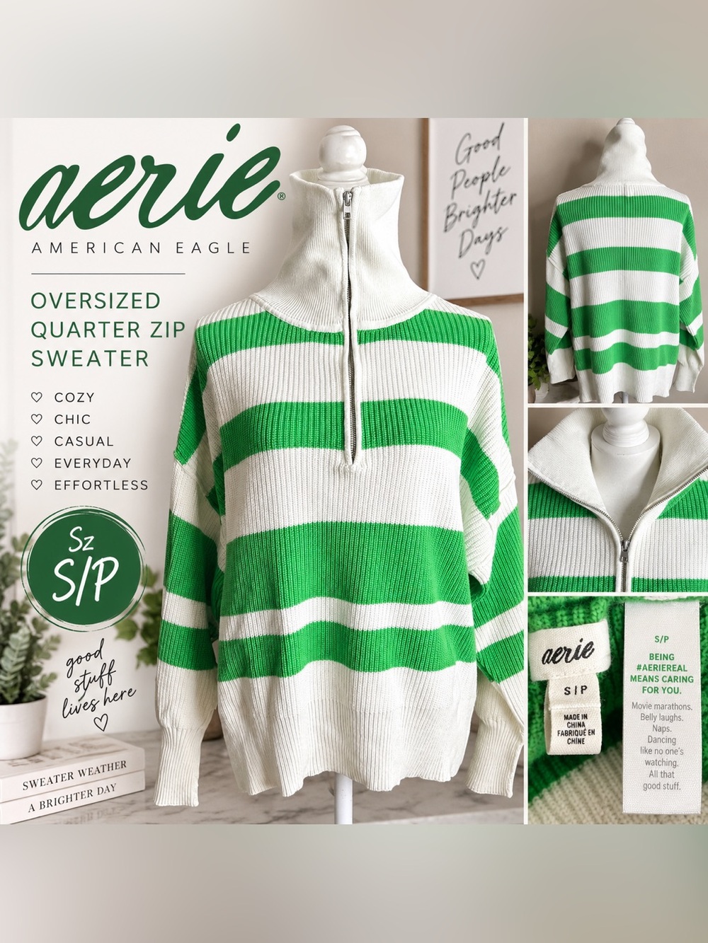 Aerie Green White Striped Oversized Quarter Zip Sweater S/P